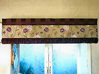 padded pelmet, contrast striped fabric top with ruched bottom.